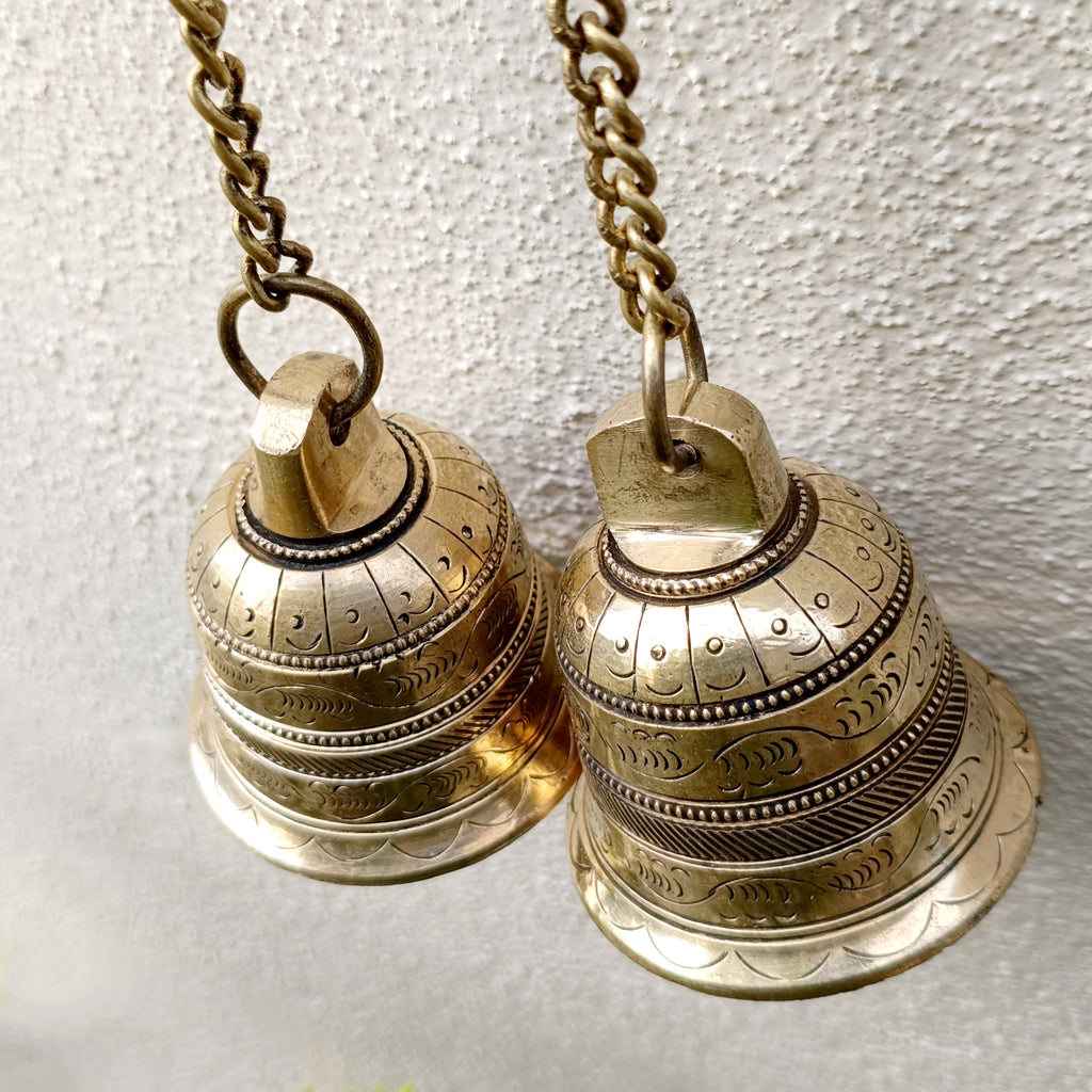 Exquisite Pair Of Brass Temple Bells With Chains. Length 45 cm x Dia 7 cm