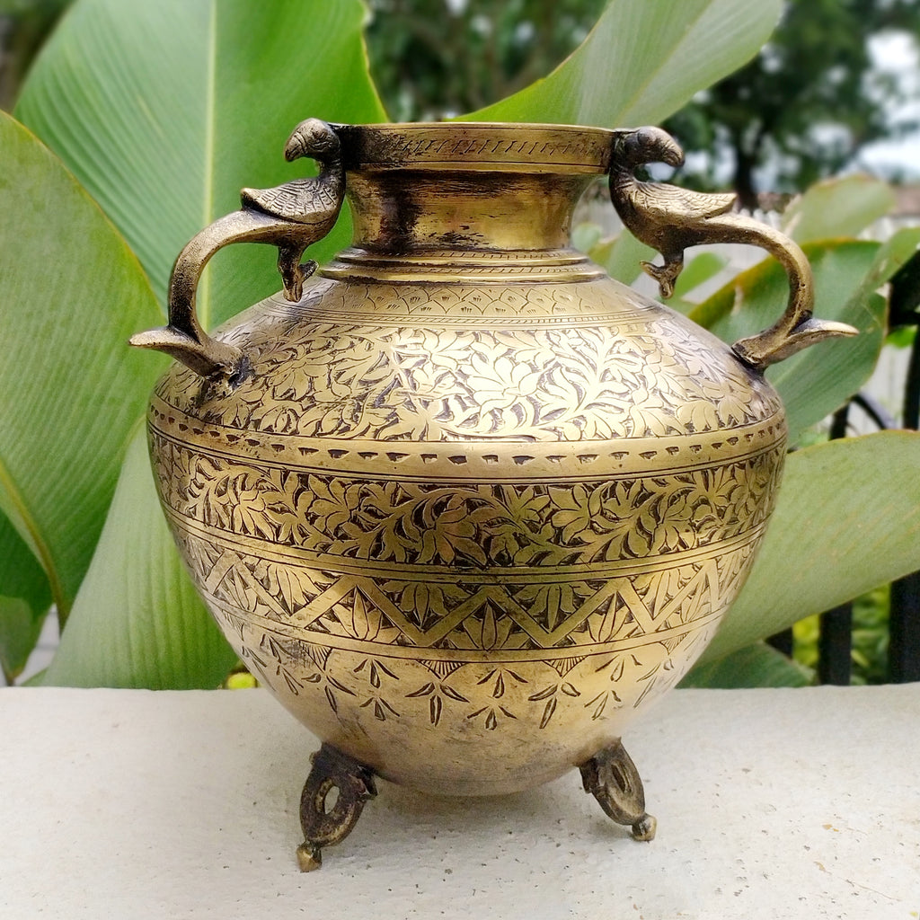 Divine Kalasha Shaped Vintage Brass Planter With 3 Peacock Handles, Ht 29 cm x Diameter 13 cm