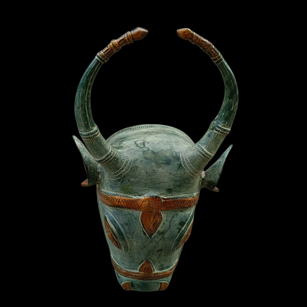 Majestic Brass Nandi Bull - Vahan Of Lord Shiva Crafted With A Rich Green Patina. Height 33 cm x Width 25 cm x Depth 12 cm