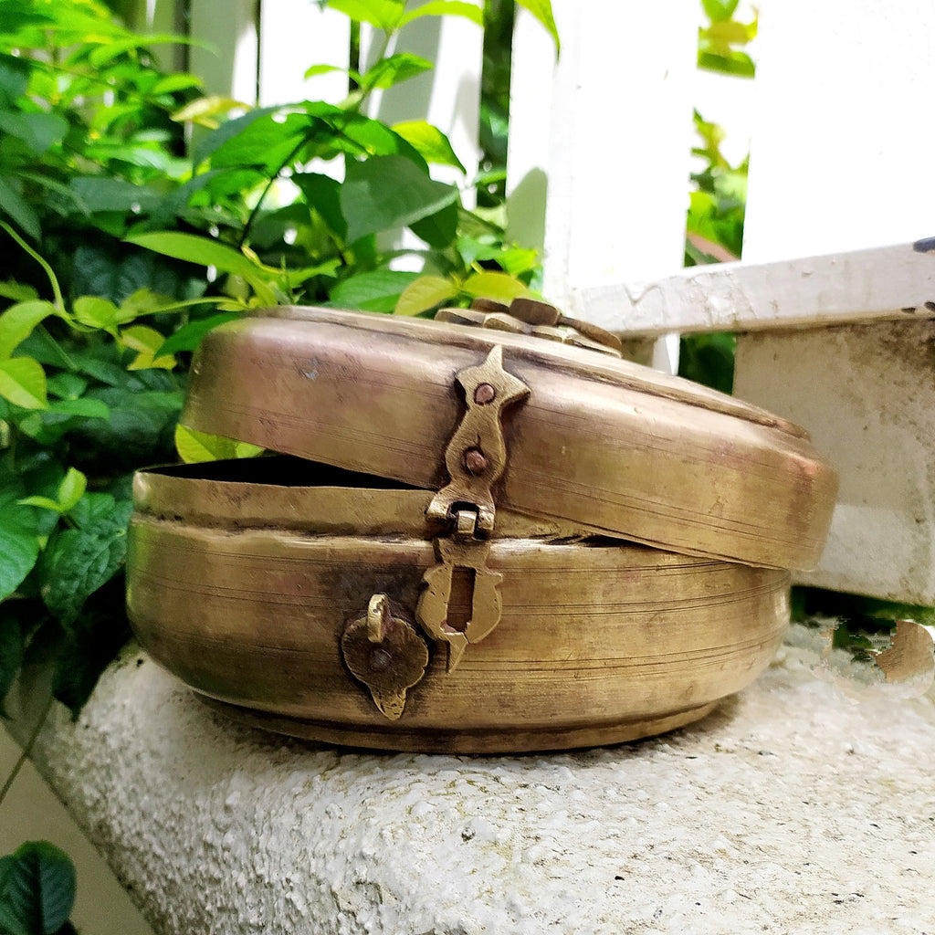 Traditional Brass Chappati Dabba | Bread Box From Northern India - Dia 22 cm x Ht 10 cms