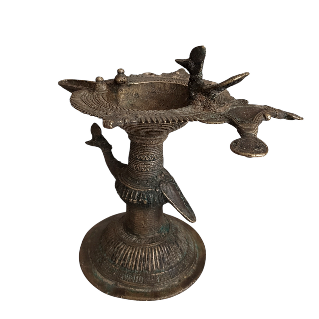 Vintage Odhisa Tribal Dhokra Brass Oil Lamp With Peacocks & Birds. L 16 cm x Ht 14 cm x Width 12 cm