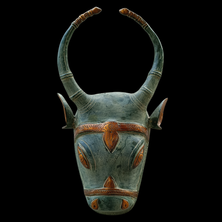 Majestic Brass Nandi Bull - Vahan Of Lord Shiva Crafted With A Rich Green Patina. Height 33 cm x Width 25 cm x Depth 12 cm