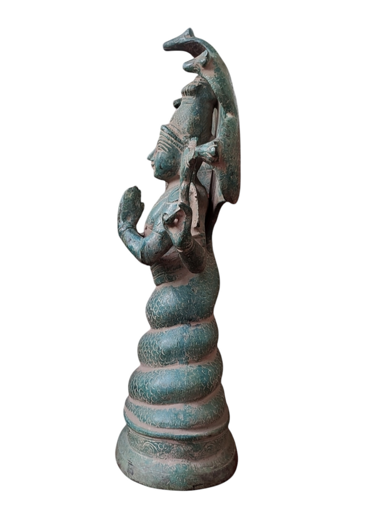 Magnificent Brass Statue of Lord Patanjali with 5 Naags in Green Patina Finish. Height 40 cm