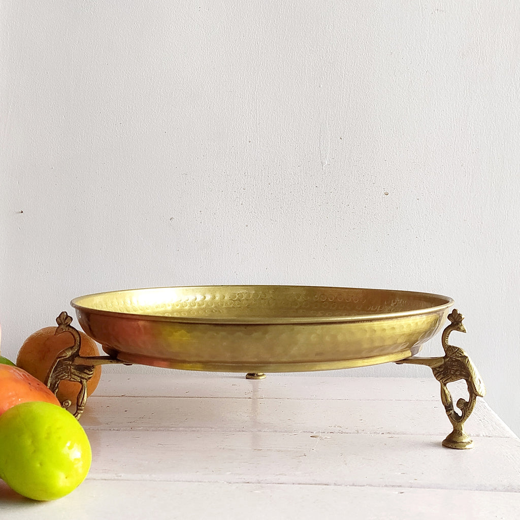 Hammered Brass Fruit Bowl Handcrafted With 3 Peacock shaped Legs - Diameter 28 cm x Height 9 cm