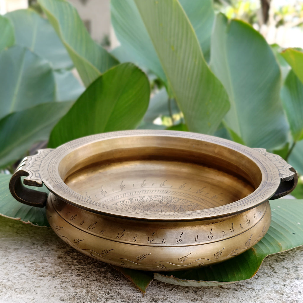 The Emperors Urli - Hand Engraved with A Majestic Camel And Mahout On Hunt. Diameter 25 cm x Ht 9 cm