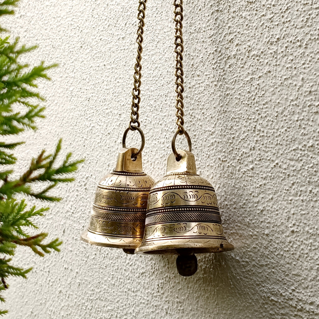 Exquisite Pair Of Brass Temple Bells With Chains. Length 45 cm x Dia 7 cm