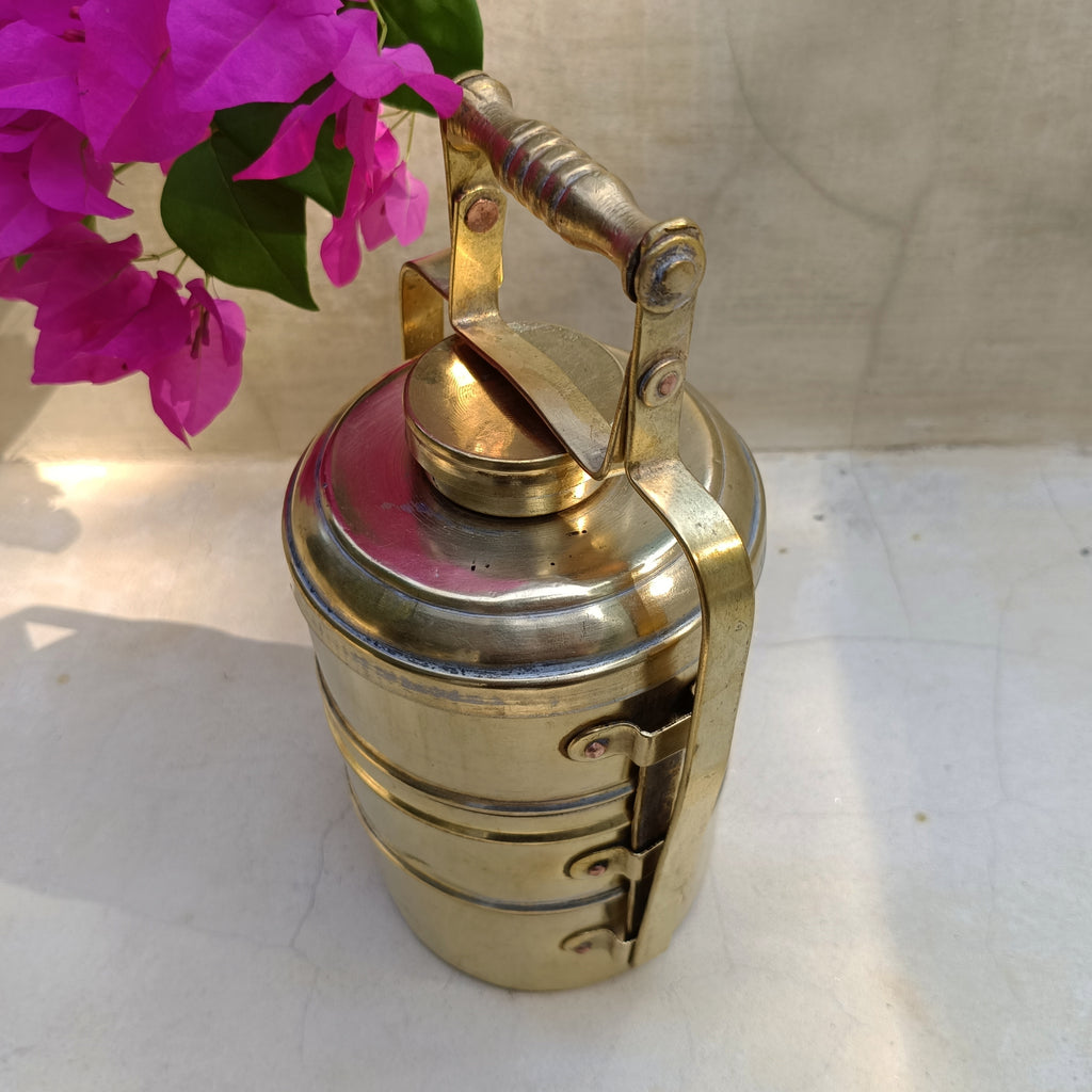 Vintage Brass Tiffin With 3 Containers. Height 26 cm x Diameter 11 cm