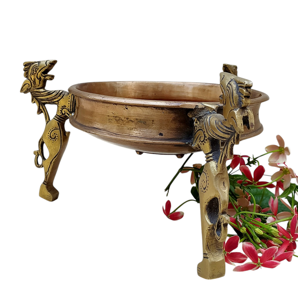 Traditional Brass Urli Handcrafted With 3 Mythical Yali Legs. Diameter 20 cm x Height 15 cm