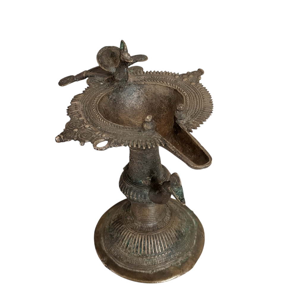 Vintage Odhisa Tribal Dhokra Brass Oil Lamp With Peacocks & Birds. L 16 cm x Ht 14 cm x Width 12 cm