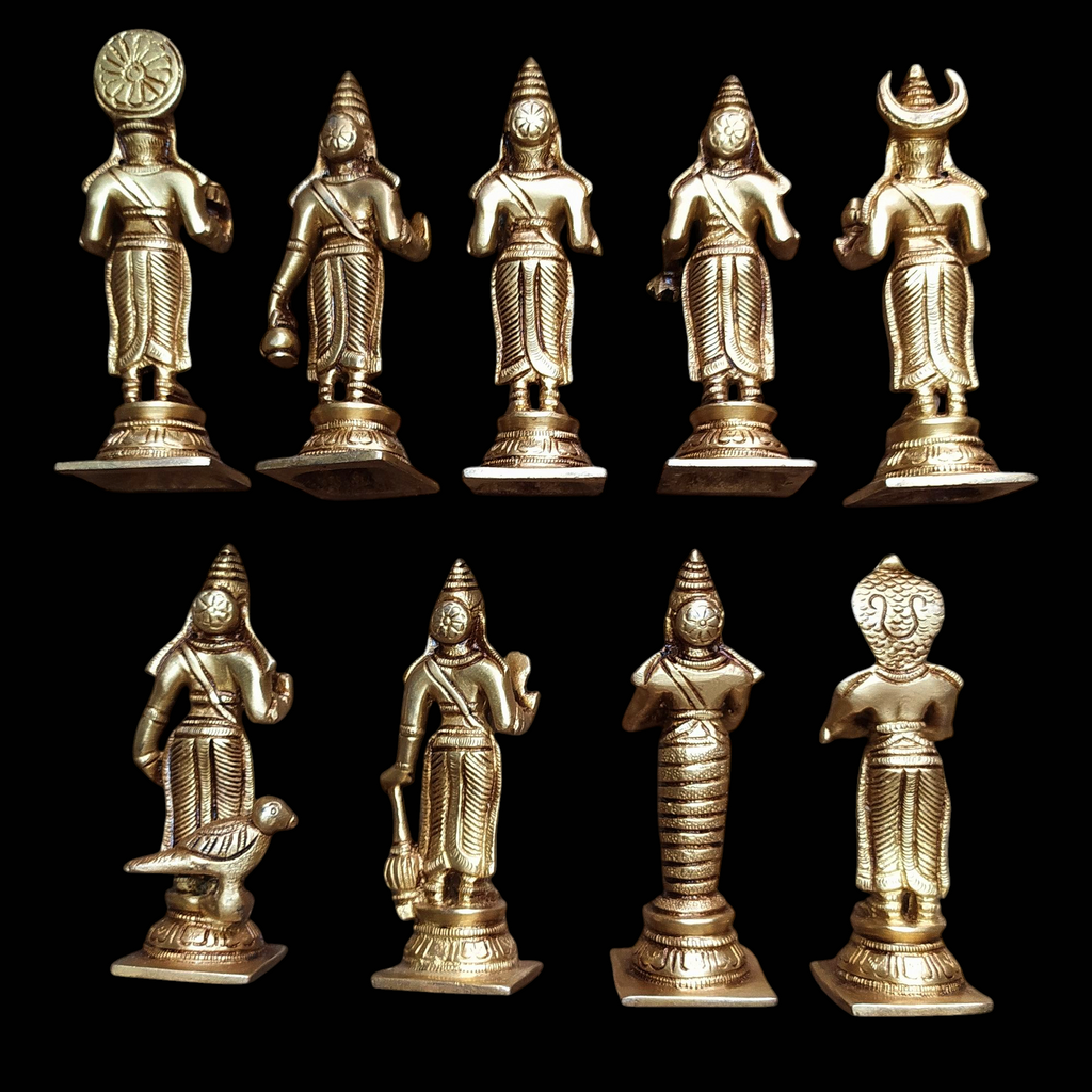 Divine collection of 9 Navagraha brass idols - Celestial bodies Affecting Human Life. Height 13.5 cm