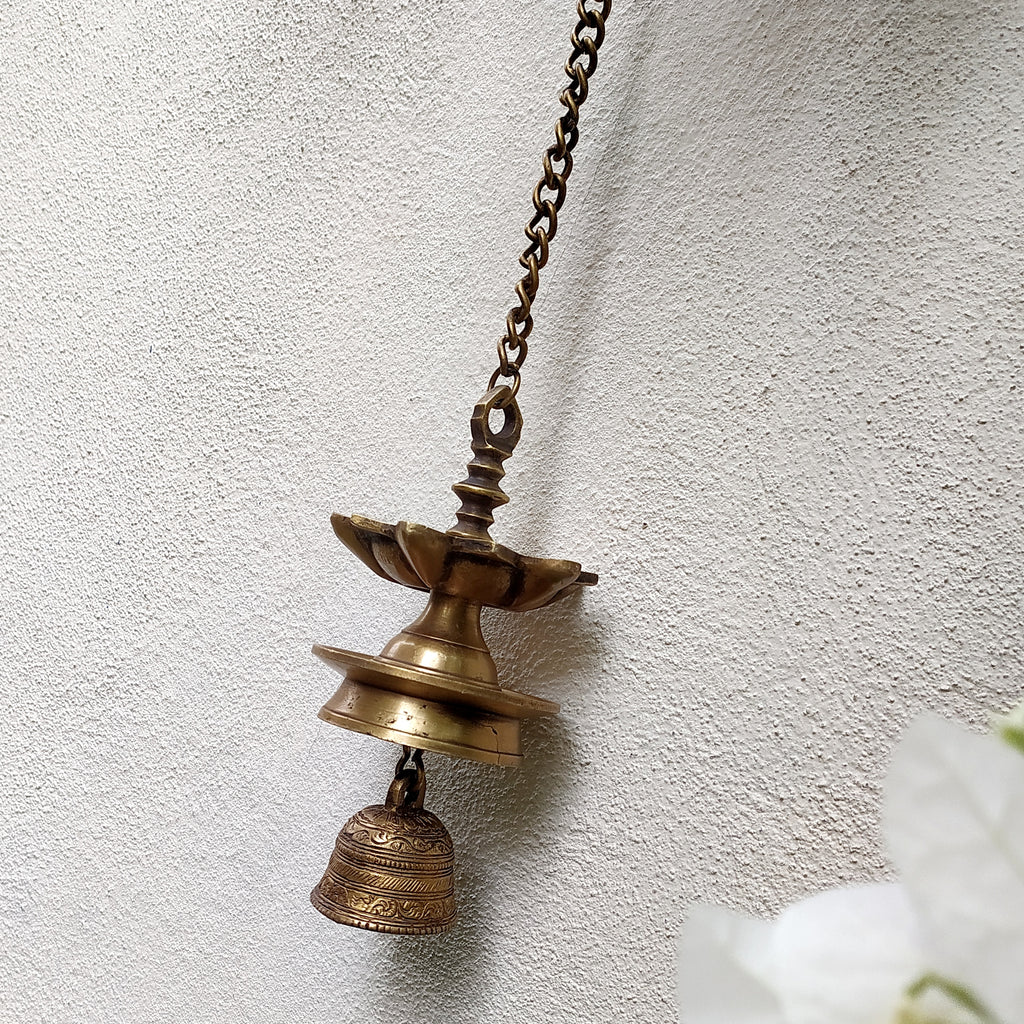 Vintage Brass Hanging Oil Lamp With Bell - "Thooku Vilakku" From South India. Length 91 cm x Diameter 10 cm