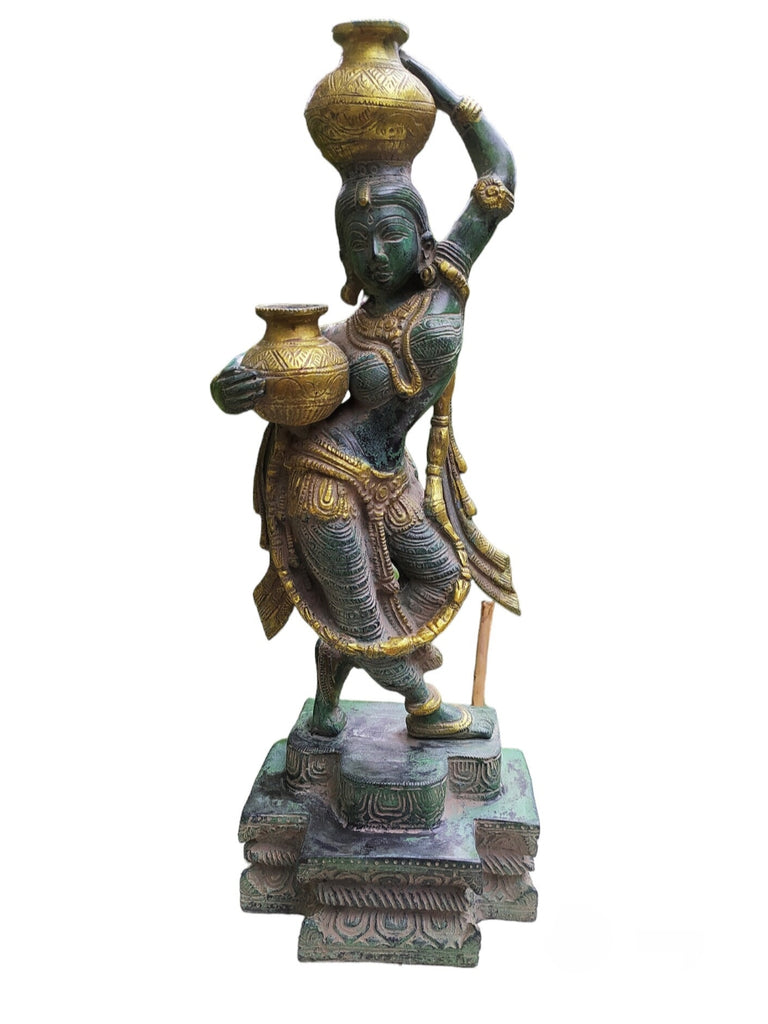 Village Woman Carrying Water Pots Handcrafted In Brass With A  Green & Gold Patina. Height 38 cm