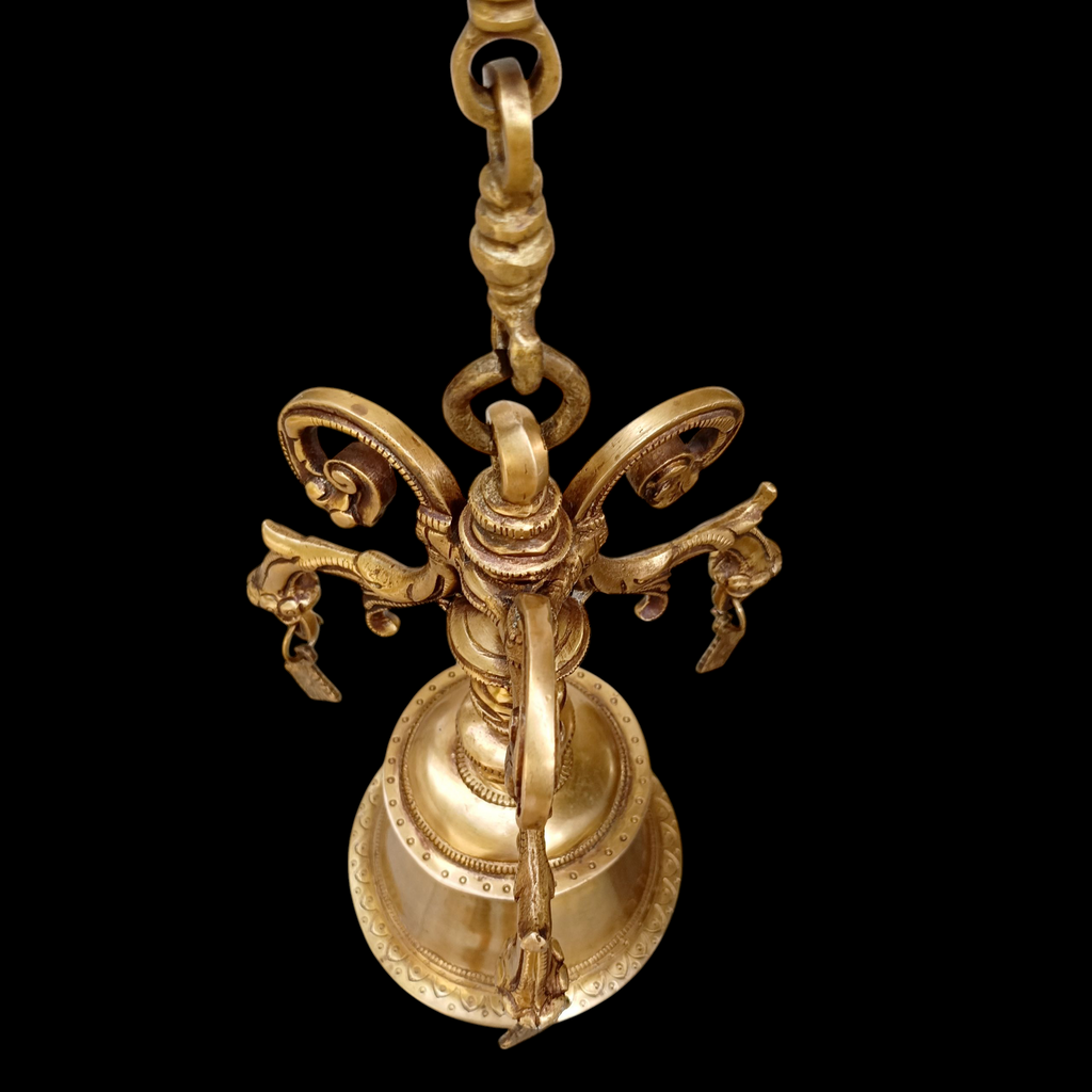 Magnificent Brass Temple Bell On Chain. Length 77 cm x Diameter Of Bell 12.5 cm