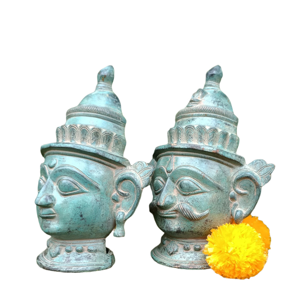 Brass Mukhlingam of Hindu Gods Shiva & Parvati In Green Patina. Height 23 cm x Width 18.5 cm