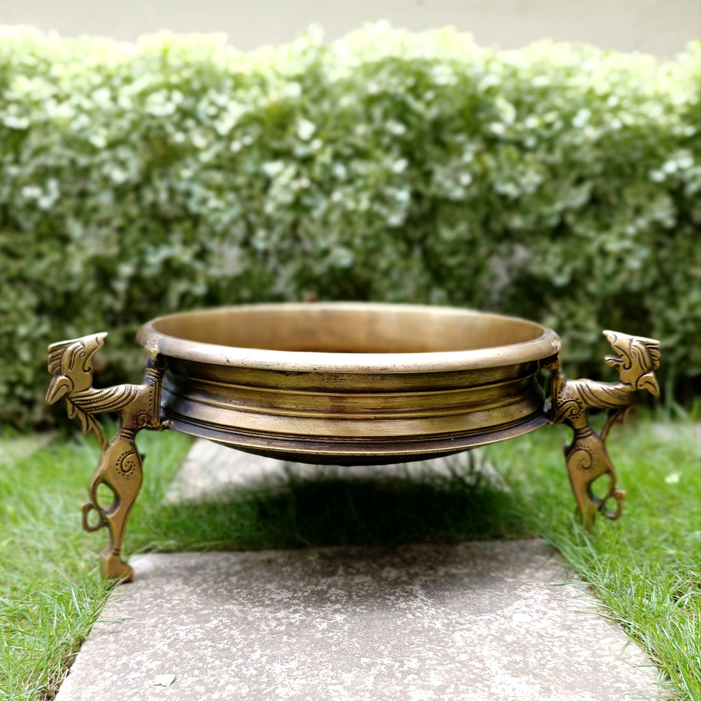 Traditional Brass Urli Handcrafted With 3 Mythical Yali Legs. Diameter 28 cm x Height 15 cm