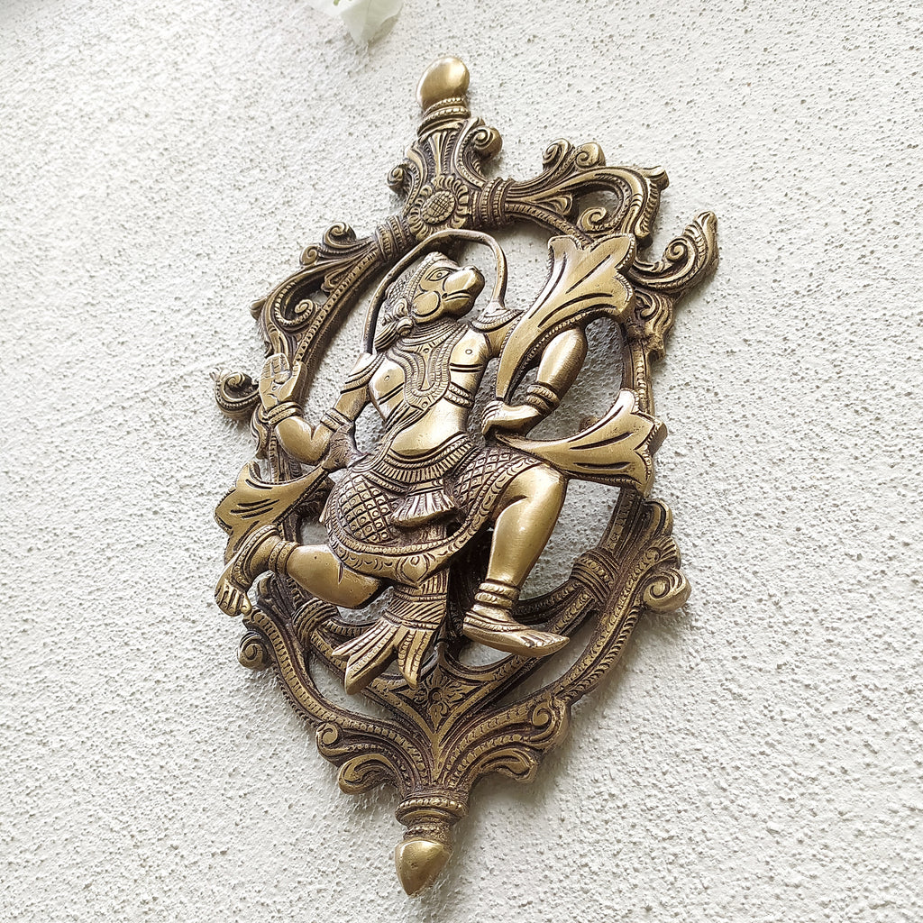 Majestic Handcrafted Brass Plaque of Hindu Diety Hanuman. Height 34 cm x Width 21 cm