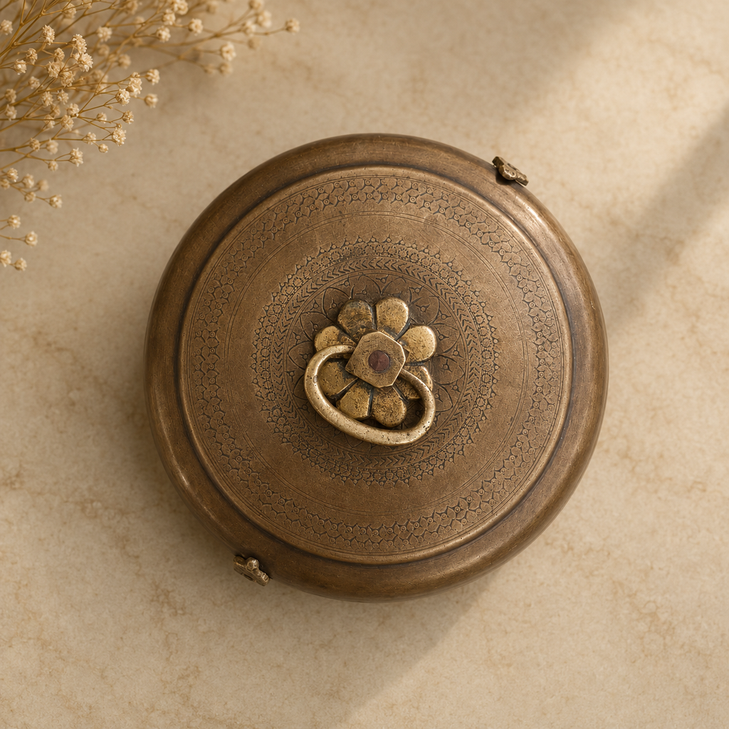 Traditional Brass Chappati Dabba. Diameter 22 cm x Ht 11 cm