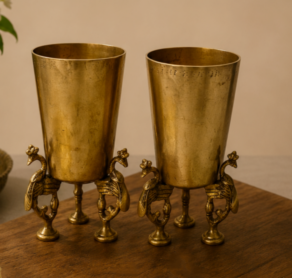 Vintage Pair of Brass Tumblers With Peacocks – A Regal Blend of Heritage & Craftsmanship