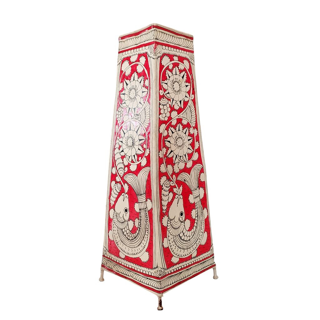 Kalamkari Craft Leather Lampshade With Mythological Fish Figures In Red & White Theme. Height 44 cm