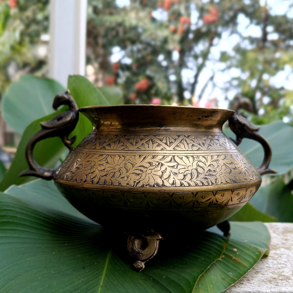Vintage Brass Planter With Peacock Handles Hand Engraved With Floral Motifs. Height 19 cm x Diameter 18 cm