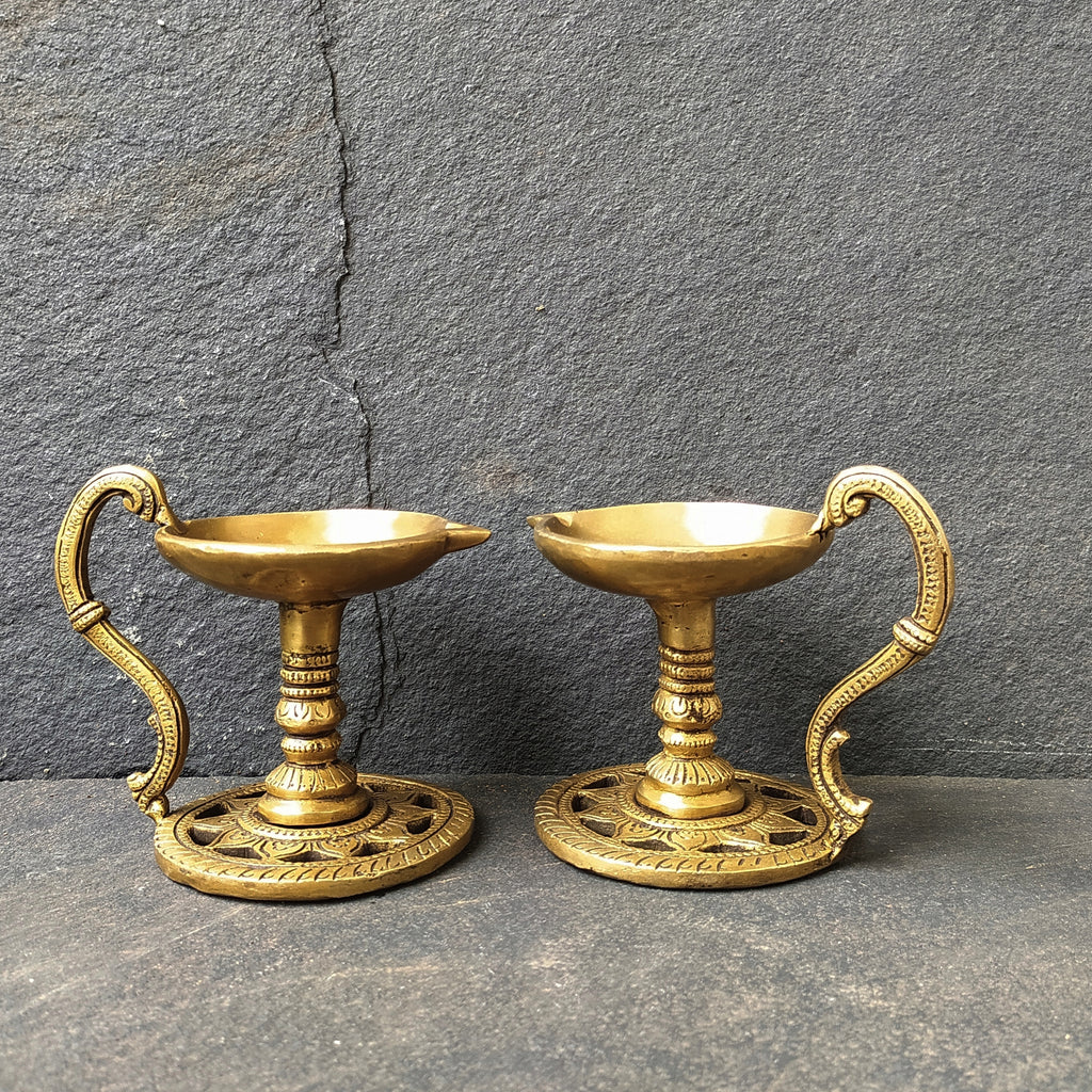 Pair Of Handcrafted Brass Lamps | Diyas  - Length 13.5 cm x Diameter 8.5 cm x Height 10 cm