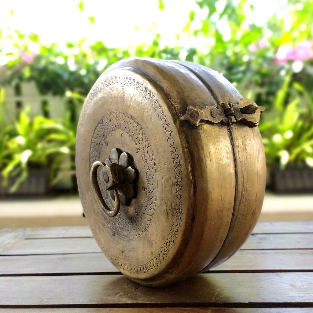 Traditional Brass Chappati Dabba | Bread Box From Northern India - Diameter 23 cm x Ht 10 cms