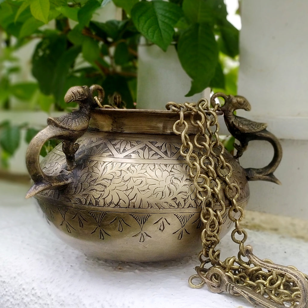 Vintage Hanging Brass Planter With 3 Peacock Handles. Length With Chain 89 cm x Diameter 16 cm