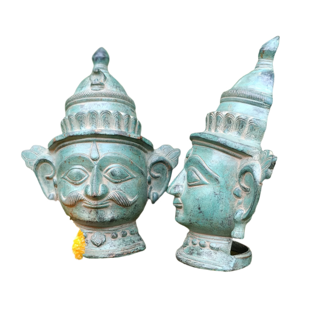 Brass Mukhlingam of Hindu Gods Shiva & Parvati In Green Patina. Height 23 cm x Width 18.5 cm