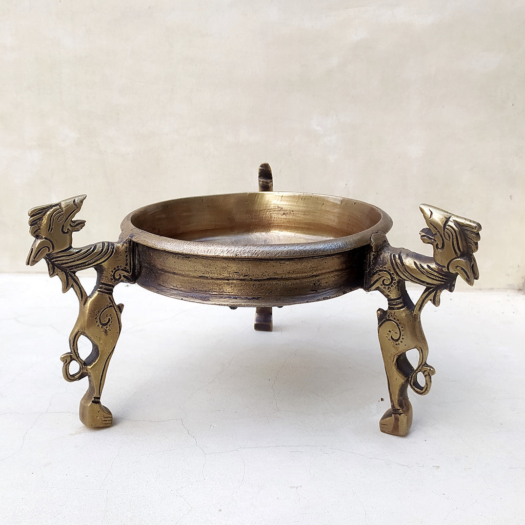 Traditional Brass Urli Handcrafted With 3 Mythical Yali Legs. Diameter 19 cm x Height 15 cm