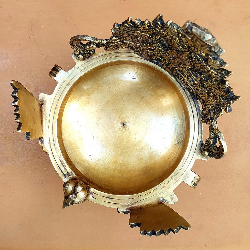 Majestic Brass Peacock Urli For Floating Flowers & Diyas - Height 29 cm x Length 23 cm x Diameter 20 cm