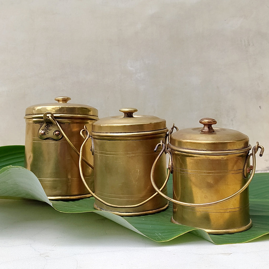 Collection Of 3 Vintage Brass Oil Cannisters | Pails With Lid And Handles. Heights 13 , 12 & 10 cm