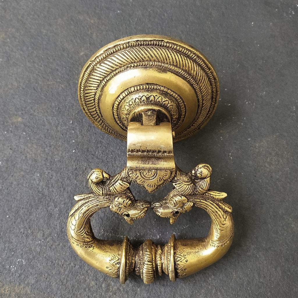 Majestic Vintage Brass Door Knocker With Twin Mythical Yalis & Peacocks. Height 12 x Width 12 cm
