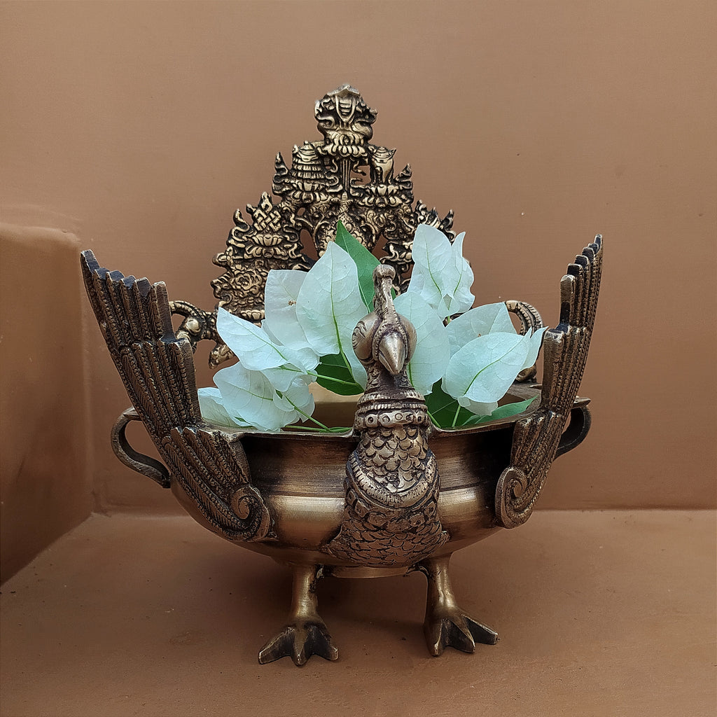 Majestic Brass Peacock Urli For Floating Flowers & Diyas - Height 29 cm x Length 23 cm x Diameter 20 cm