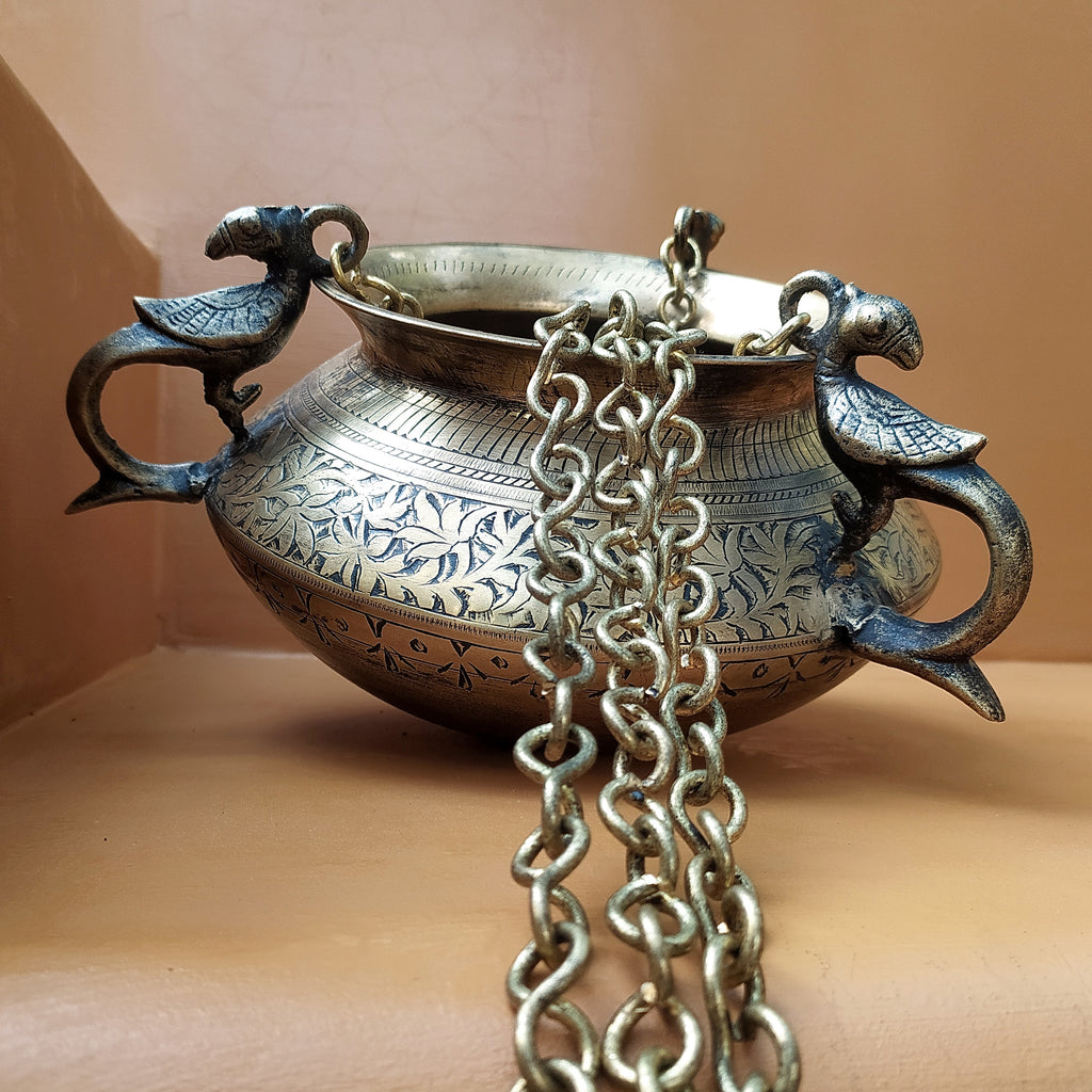 Vintage Hanging Brass Planter With 3 Peacock Handles. Length With Chain 88 cm x Diameter 17 cm