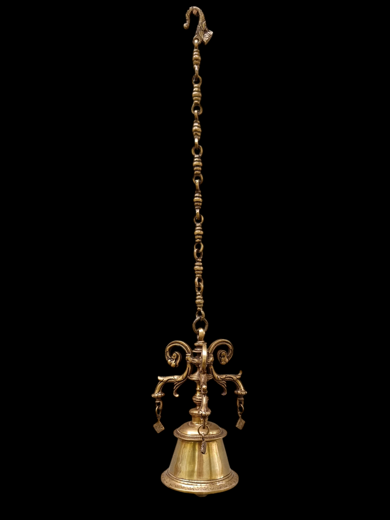 Magnificent Brass Temple Bell On Chain. Length 77 cm x Diameter Of Bell 12.5 cm