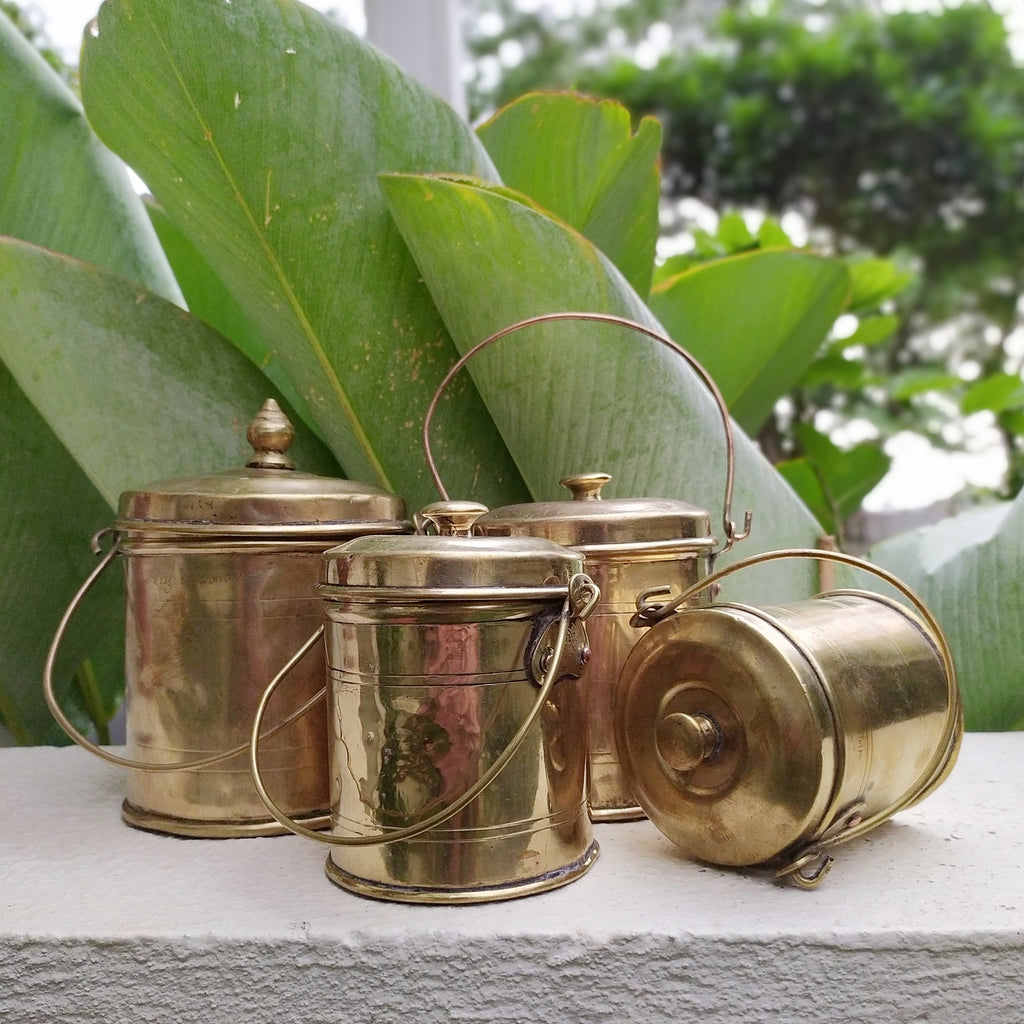 Collection Of 4 Vintage Brass Storage Cannisters | Pails With Lid And Handles. Heights 13, 11, 10 & 9 cm
