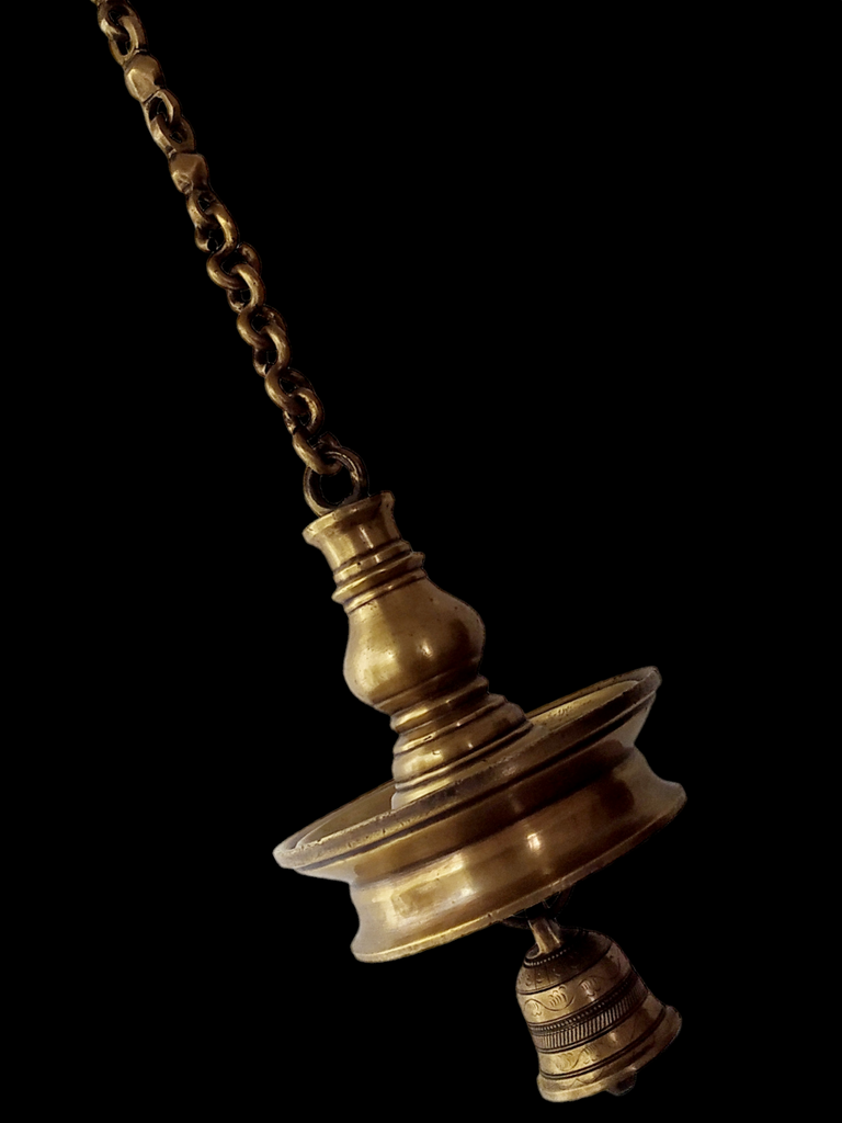 Vintage Brass Oil Lamp With Bell - "Thooku Vilakku" From South India. Length 76 cm x Diameter 16 cm