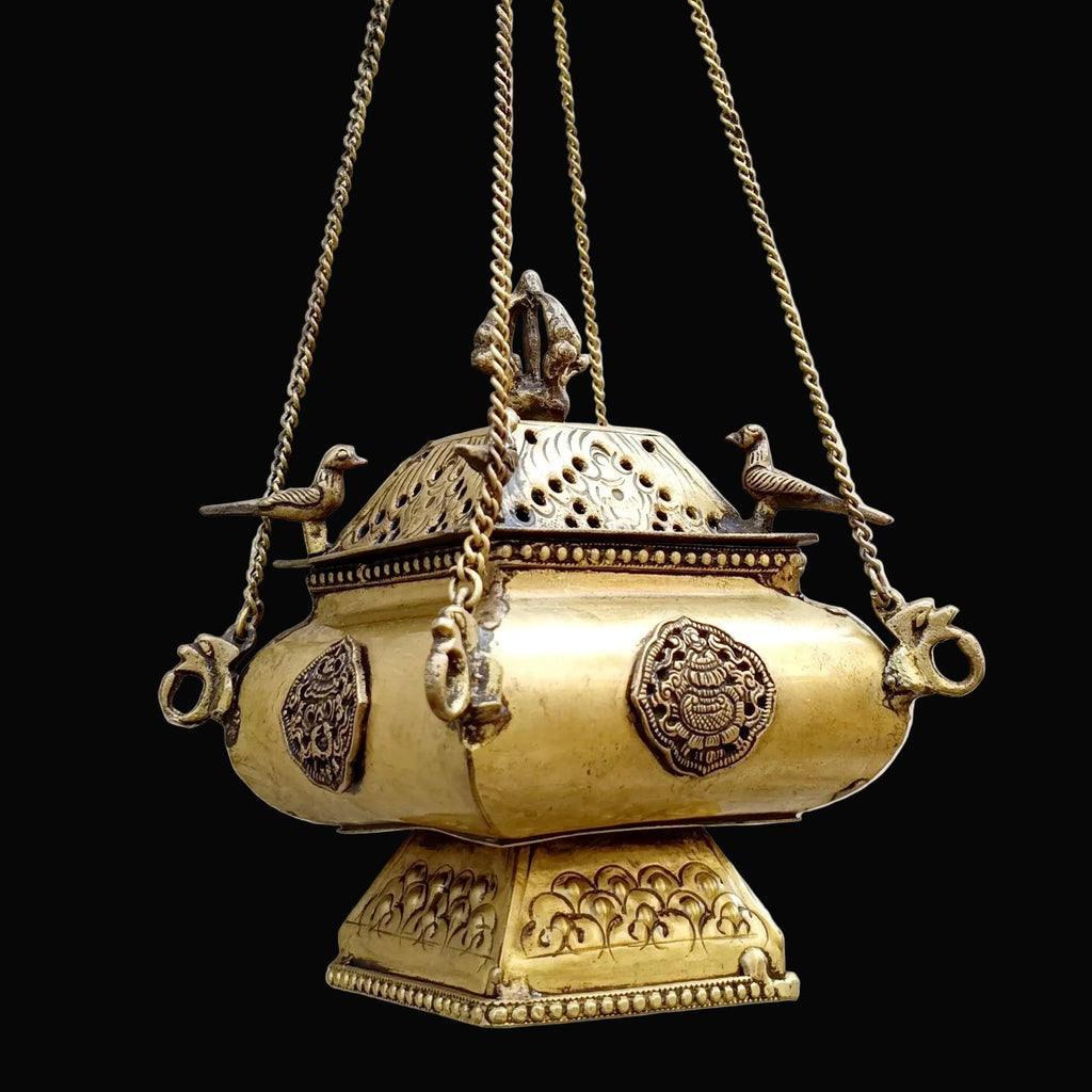 Tibetan Style Copper Incense Burner With Peacocks and Chains - L 42 cm x W 15 cm