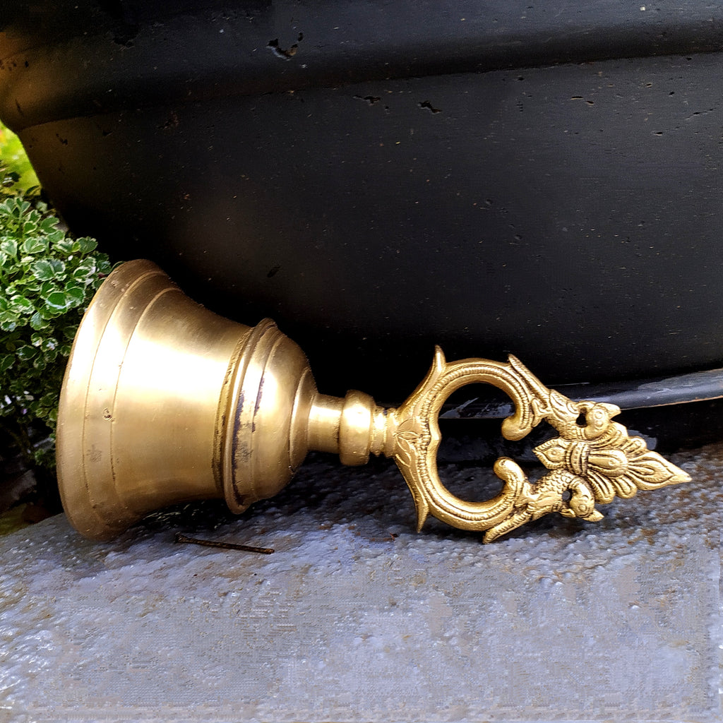 Magnificent Brass Temple Bell With Twin Peacocks. Height 22 cm x Diameter 11 cm