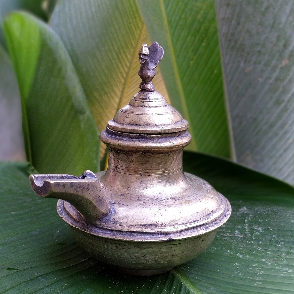 Vintage Brass Ghee Daan With Spout From South India, Ht 15 cm x Length 16 cm