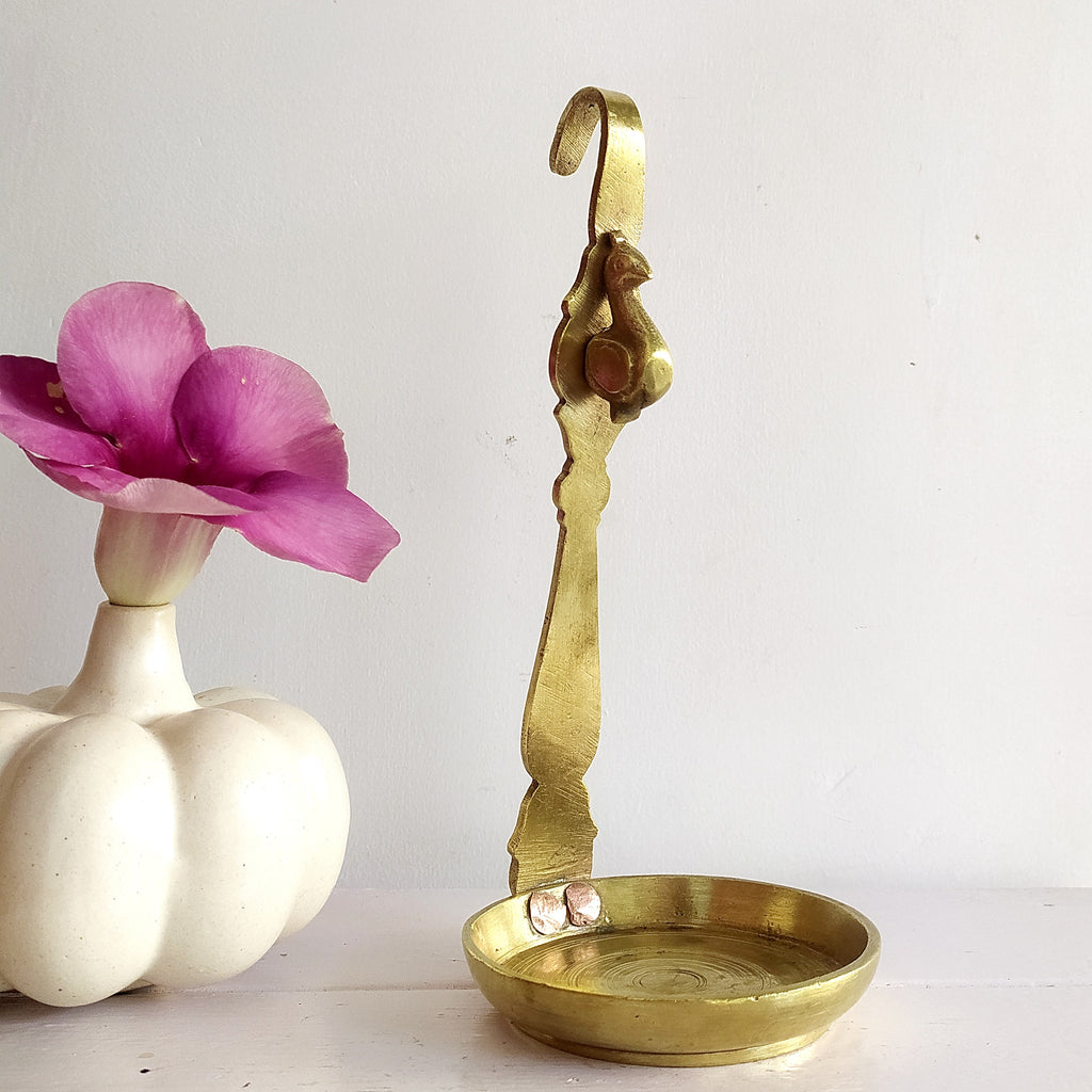 Vintage Brass Candle Holder Handcrafted With A Peacock. Height 24 cm x Diameter 10 cm