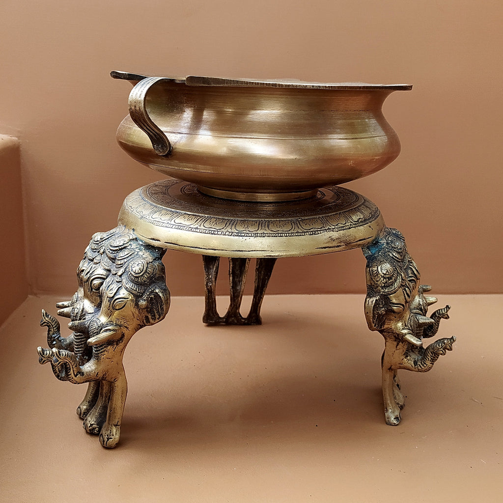 Brass Chowki With Elephant Legs & Brass Urli - Chowki Diameter 23 cm | Urli 25 cm