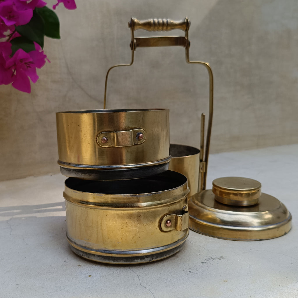 Vintage Brass Tiffin With 3 Containers. Height 26 cm x Diameter 11 cm