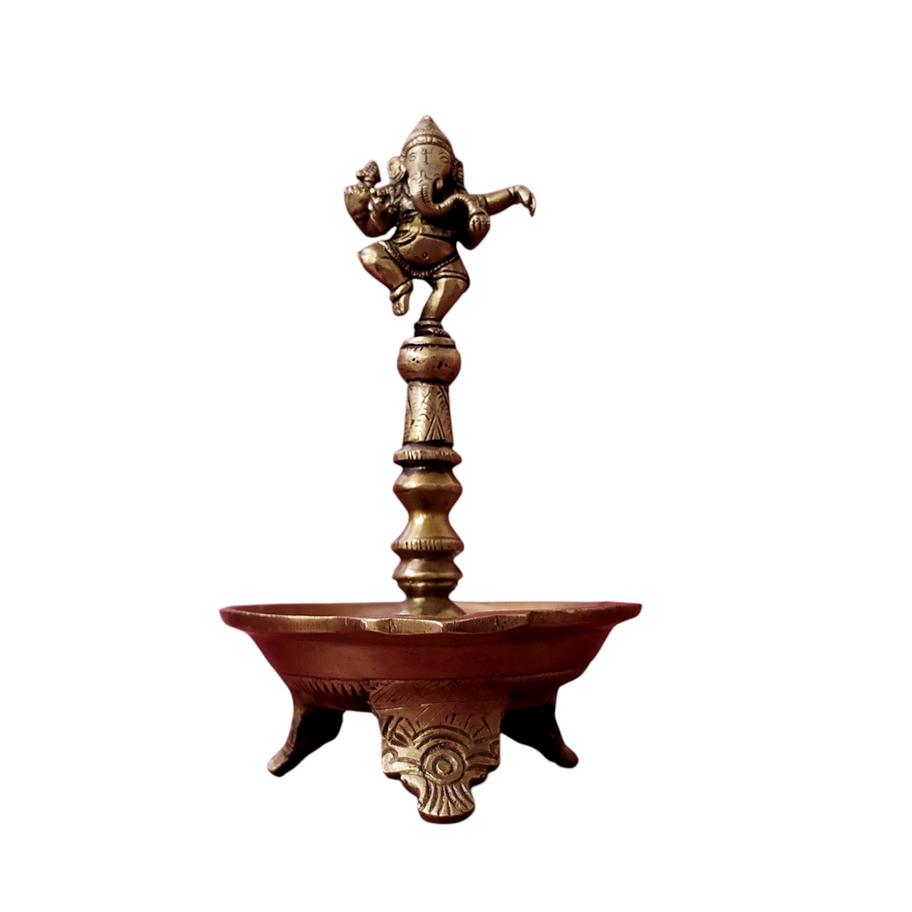 Majestic Brass Oil Lamp With Dancing Ganesha - Height 22 cm x Diameter 13