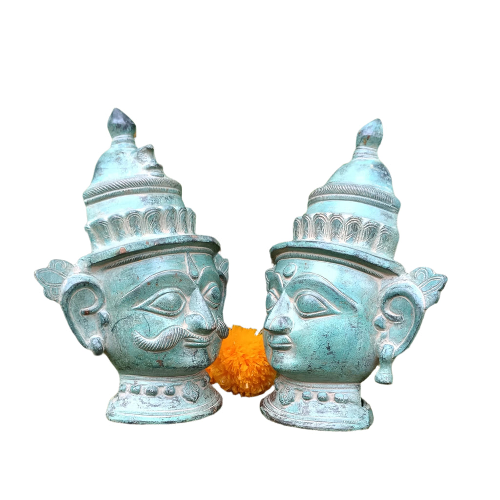 Brass Mukhlingam of Hindu Gods Shiva & Parvati In Green Patina. Height 23 cm x Width 18.5 cm