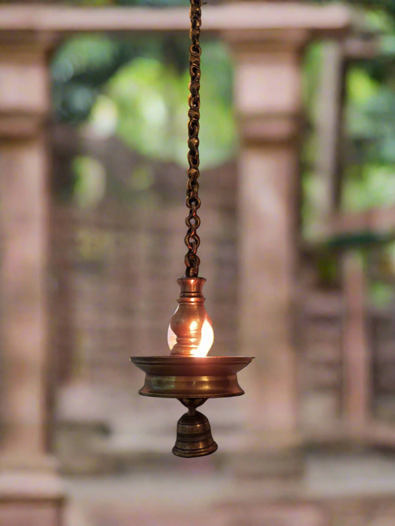 Vintage Brass Oil Lamp With Bell - "Thooku Vilakku" From South India. Length 76 cm x Diameter 16 cm