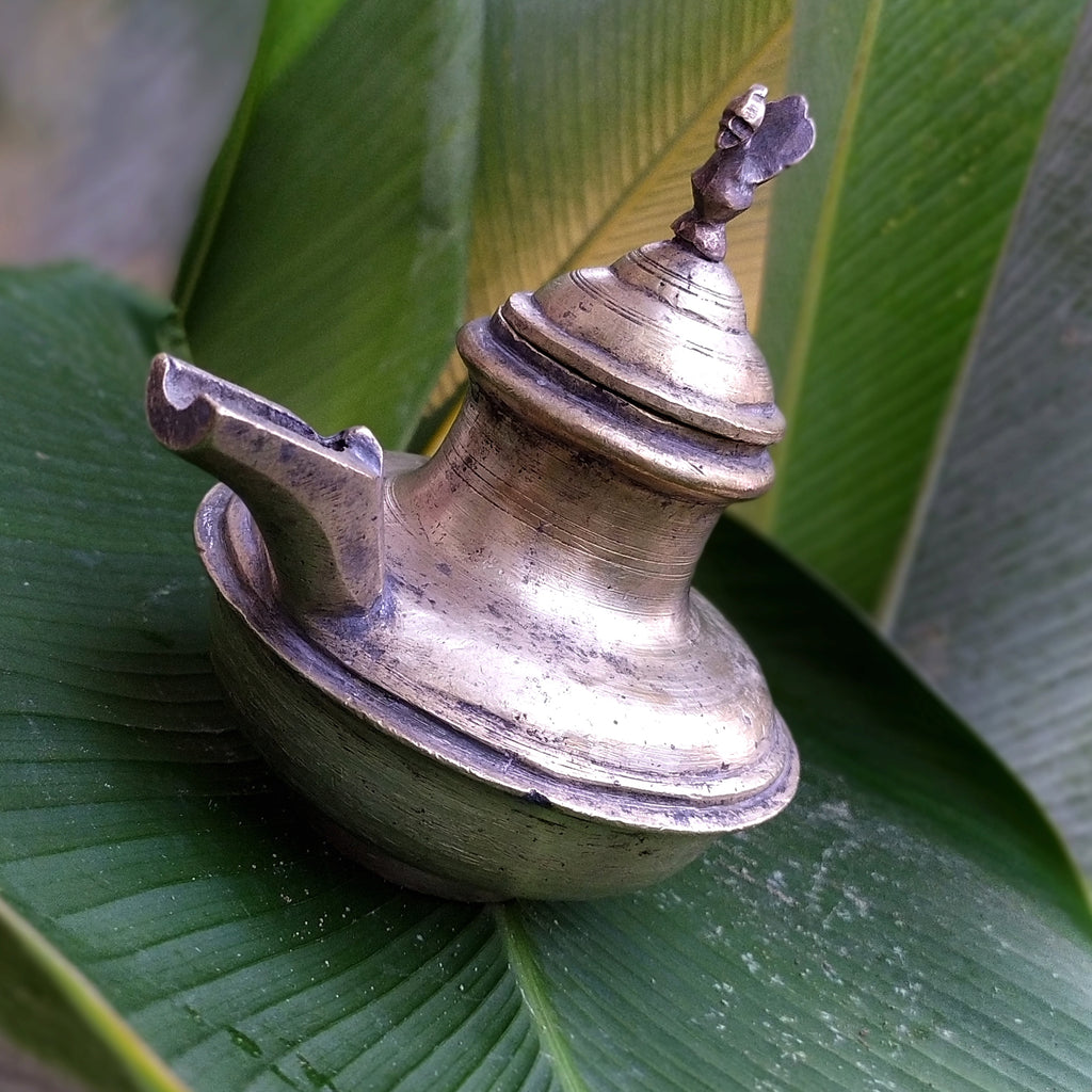 Vintage Brass Ghee Daan With Spout From South India, Ht 15 cm x Length 16 cm