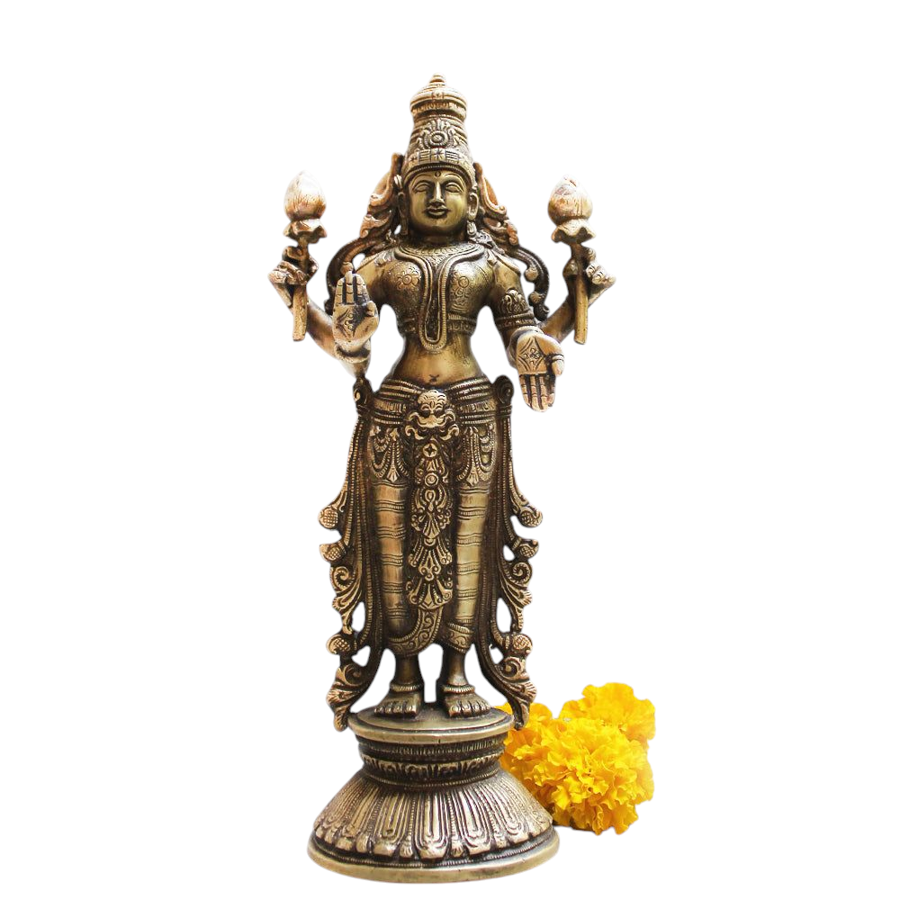 Majestic Brass Sculpture of Lakshmi - Goddess Of Wealth & Prosperity.  Ht 32 cm x Width 15 cm