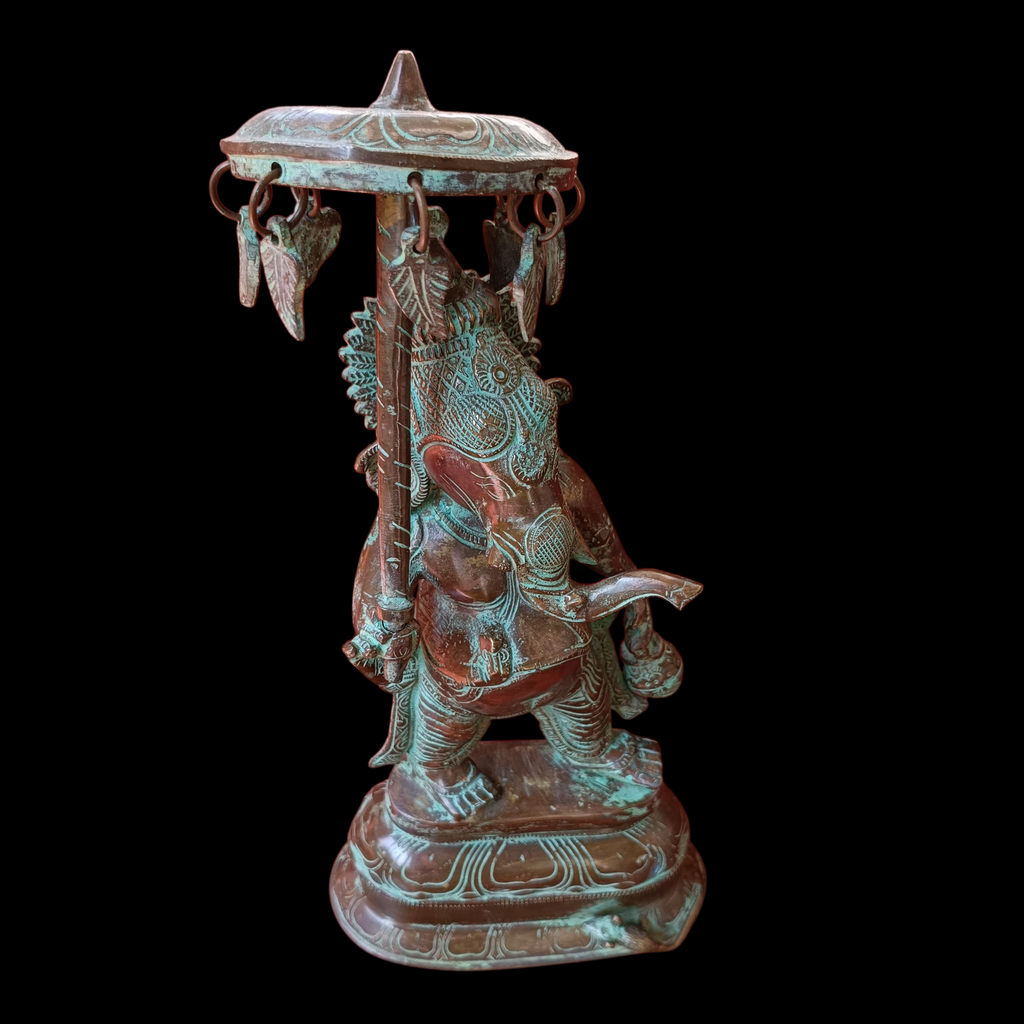Traditional Ganesha Statue Standing Under Umbrella Holding Modaka & Water Vessel. Height 40 cm