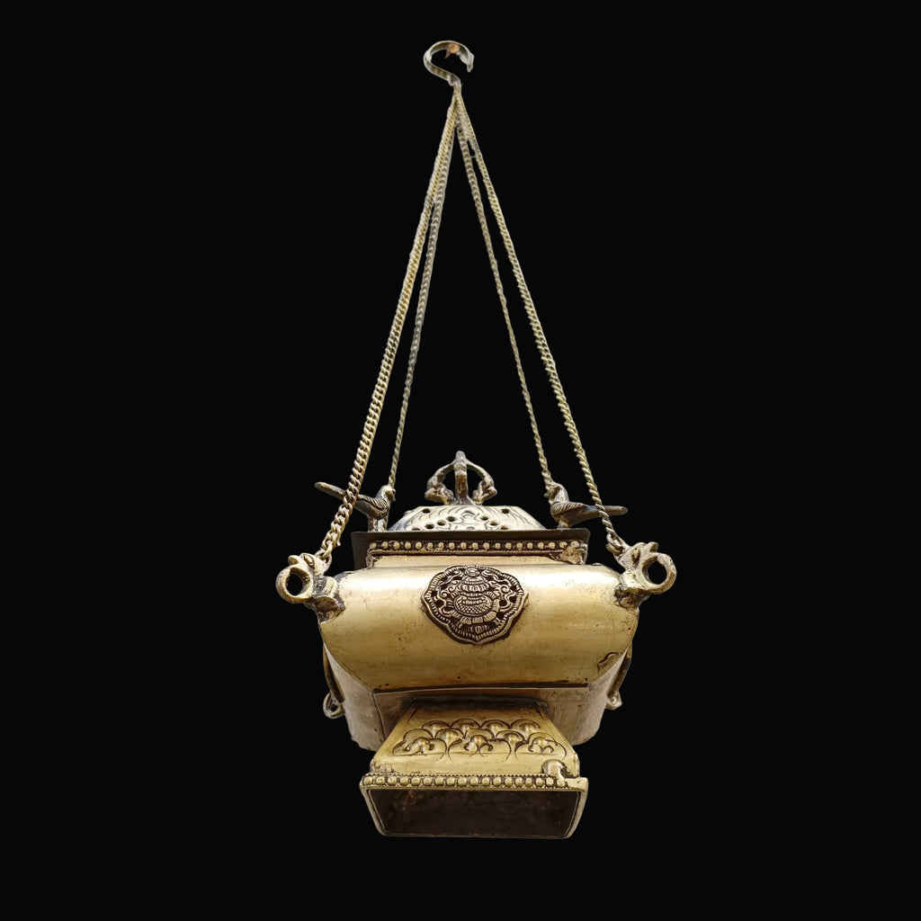 Tibetan Style Copper Incense Burner With Peacocks and Chains - L 42 cm x W 15 cm
